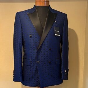 Jos A Banks Blue Double-Breasted Tux/Dinner Jacket/Bow Tie